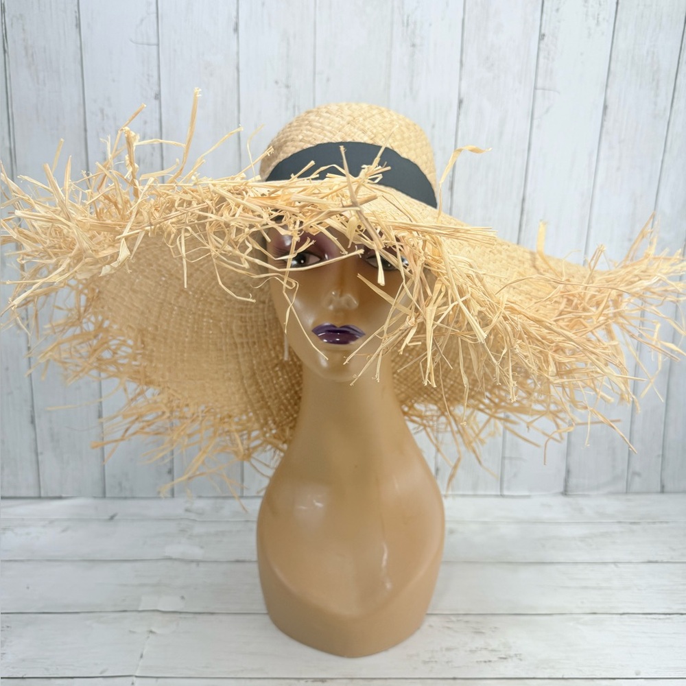 Raphia Handmade With Ribbon Fringe Beach Oversized Raw Hem With Adjust String
